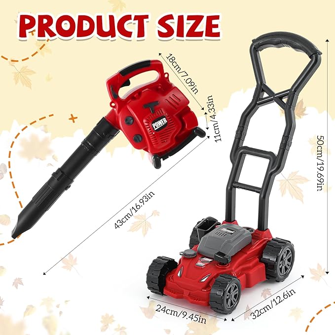 2 Pcs Toy Gardening Tool Set for Kids Leaf Blower, Push Lawn Mower Battery Powered Gardening Tool Set with Lights and Sounds Gift for Boys Girls