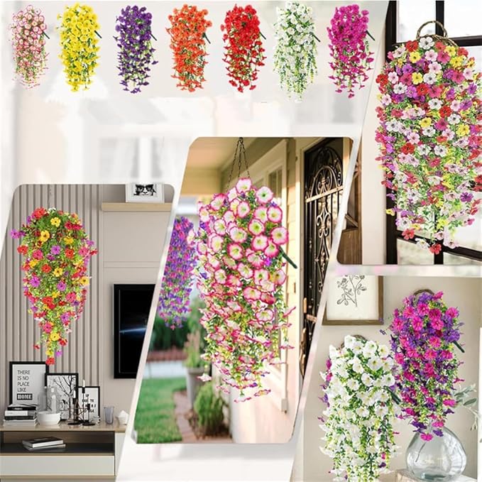 6-Pack Outdoor Faux Plants, 69-Flowered Large Morning Glory, Uv-Resistant Artificial Morning Glory,Perfect for Outdoor Decoration in All Seasons Such as Porches and Gardens (Red + Orange)