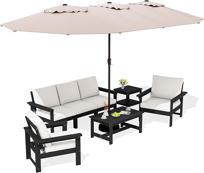 SERWALL HDPE Patio Furniture Set with 15FT Double Side Patio Umbrella, 7-Piece Outdoor Modular Sectional Sofa Set, All Weather Patio Couch Set for Deck, Black & Beige（Umbreall Base not Included）