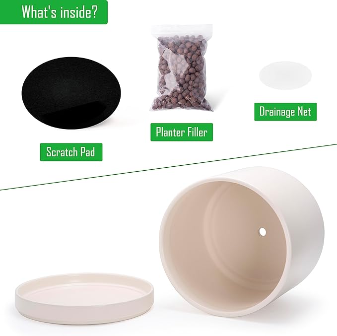 D'vine Dev 14 Inch Ceramic Planter Pot with Drainage Hole and Saucer, Indoor Cylinder Round Planter Pot, Oatmeal, 94-O-G-8