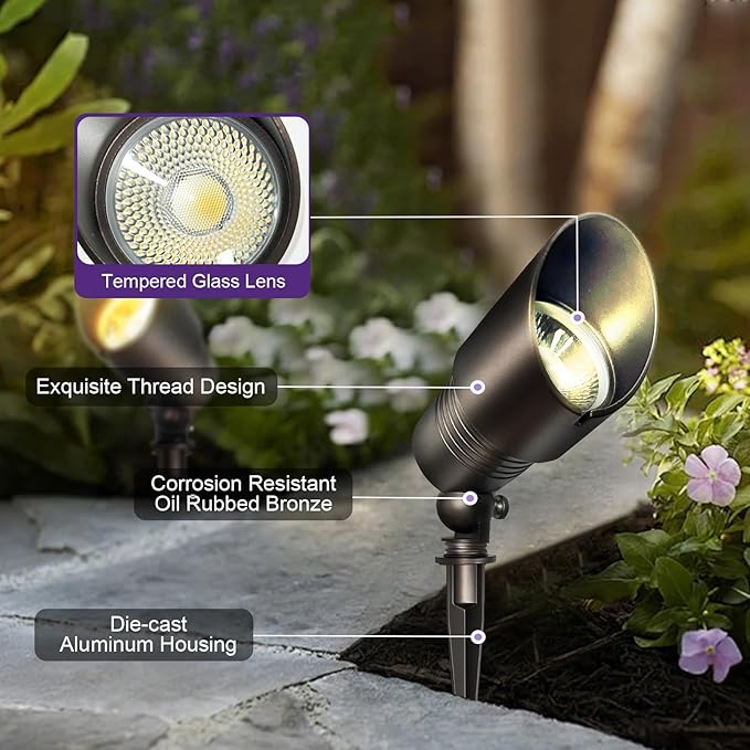 Low Voltage Spot Lights, 2700K-5000K Adjustable, 7W, 520LM, IP65 Waterproof, CRI 90+, 12-24V AC/DC, Outdoor Landscape Light for Garden, Yard, Bronze, ETL Listed, 4-Pack