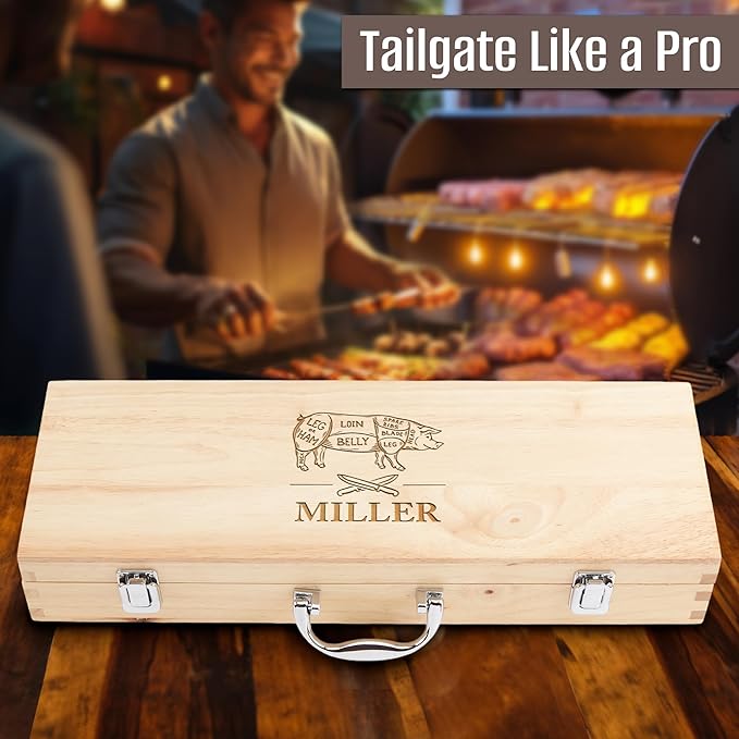 Personalized Tailgating BBQ Grill Accessories Set,11 Pcs Stainless Steel Grilling Accessories, Tailgate Grill for Outdoor Cooking, Camping, Mancave, Backyard,Grilling Gifts for Men,Grill Smoker Gifts