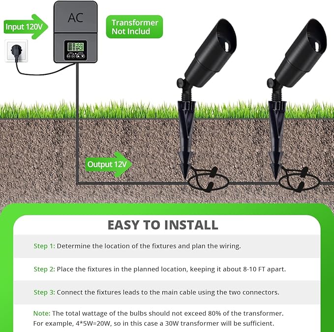 Wowlite 12V Low Voltage Landscape Lighting, Adjustable LED Outdoor Spotlights for House, IP65 Waterproof Matte Black Aluminum Garden Lighting for Trees, Yard, Patio (5W 2700K Warm White Bulb Included)