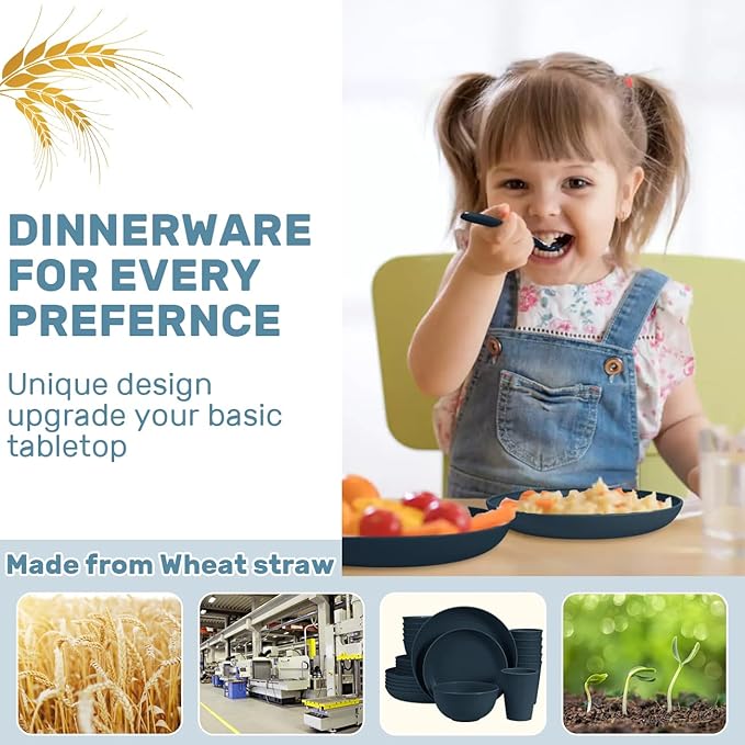 Wheat Straw Dinnerware Sets for 6 (42pcs), SGAOFIEE Plastic Plates and Bowls Sets, Dinner Plates, Pasta Bowls, Cereal Bowls, Microwave Dishwasher Safe Plates and Bowls Sets, Camping Dishes, Blue