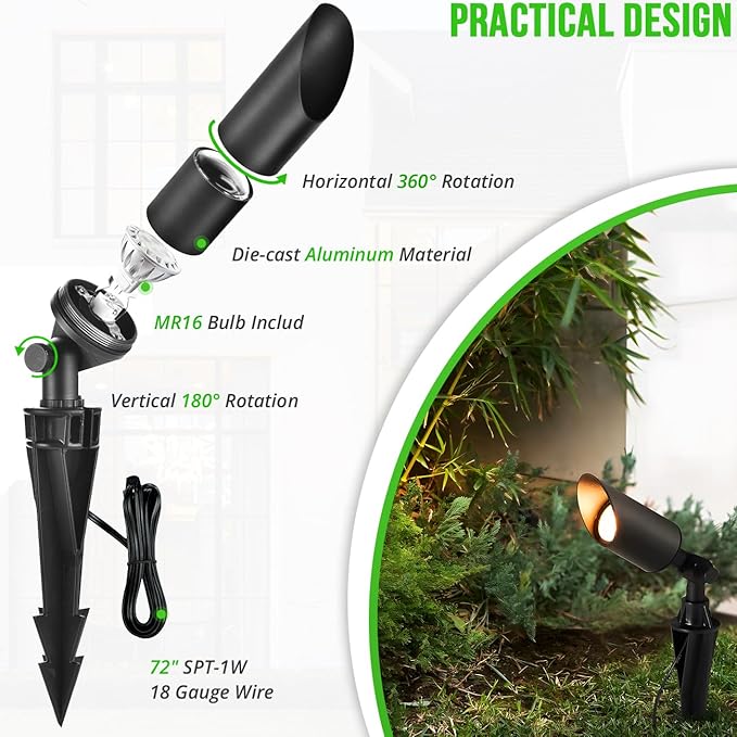 wowlite Landscape Spotlights Outdoor, 12V Low Voltage Landscape Lighting Fixture with 5W MR16 LED Bulb, 2700K Warm White Waterproof Black Aluminum Directional Uplight for Garden Courtyard Pathway