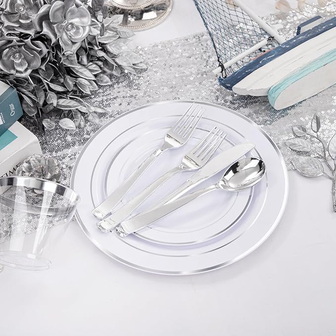 WELLIFE 300Pcs Silver Elegant Plastic Dinnerware Set for 50 Guests - Premium Disposable Party Supplies Includes Dinner Plates, Salad Plates, Cups & Flatware Set for Wedding, Anniversary, Banquet