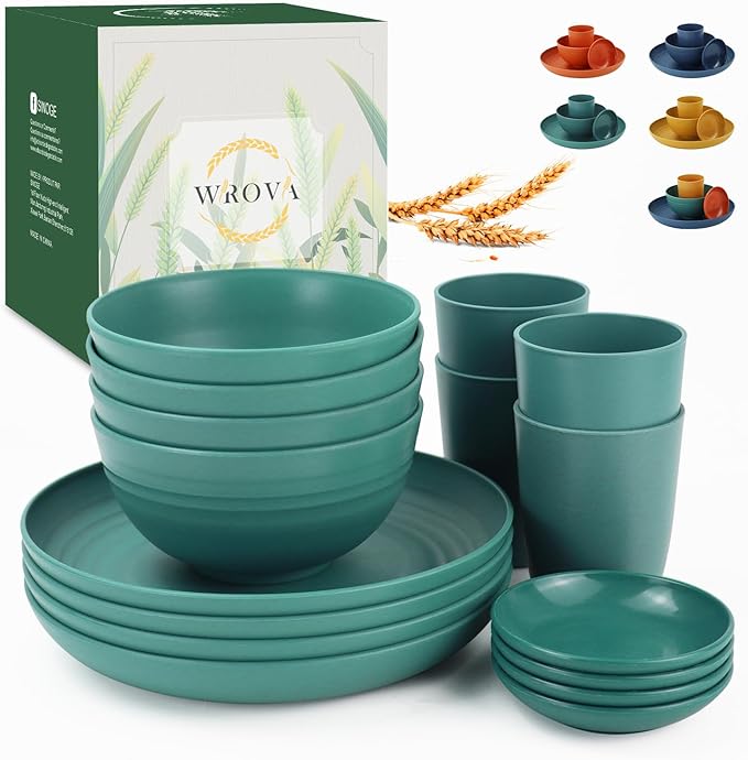 Wrova Wheat straw plates and bowls set of 16 - Unbreakable wheat straw dinnerware sets for kids - Alternative plastic dinnerware set service for 4 - Microwave safe and Dishwasher safe bowls. Green