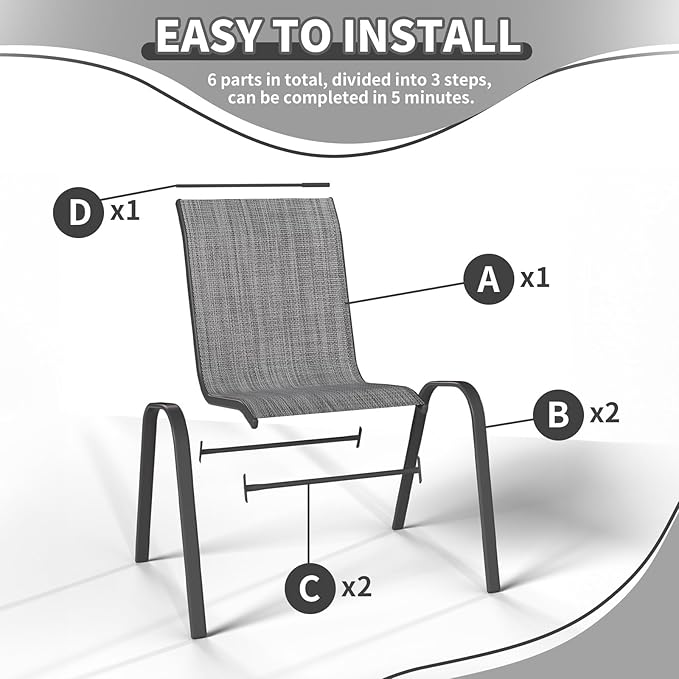 Patio Dining Chairs Set of 2, Outdoor High Stacking Chairs for All Weather, Breathable Seat Fabric and Alloy Steel Frame for Backyard, Porch, Garden (Grey)