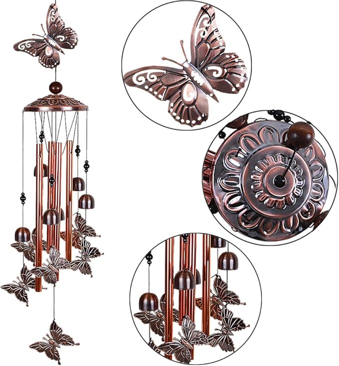 Butterfly Wind Chimes Outdoor Decor -with 4 Tubes 6 Bells 7 Butterflies 36In Waterproof Mobile Romantic Wind Catcher Butterfly Windchimes for Home, Xmas Mom Gifts, Festival,Balcony,Garden Decoration