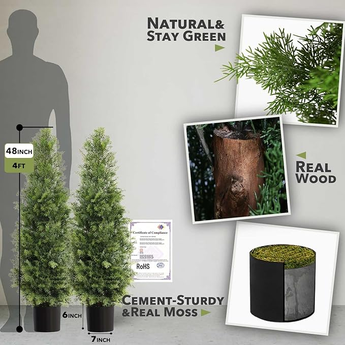 Aveyas 4ft Artificial Cedar Topiary Trees for Outdoor Front Porch Door, 4 Feet Faux Potted Plants Evergreen Fake Pine Cypress Tree for Outside Home Decor (4 ft Tall) - Set of 2 Pack