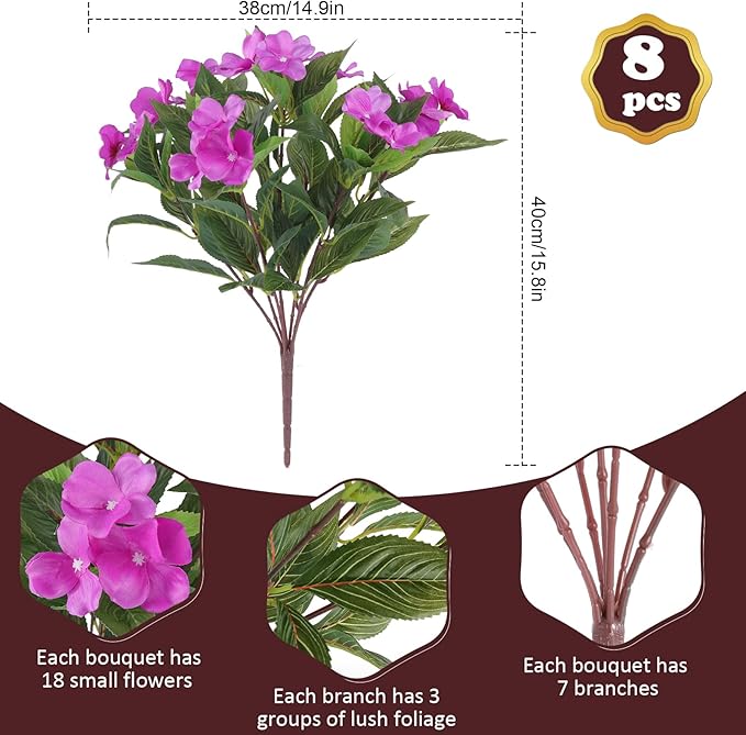 Artificial Flowers for Outdoors Silk Impatiens Flowers Faux Flowers Impatien Bushes Artificial Impatiens for Pot Patio Lawn Garden Hanging Basket Porch Decor (8, Purple)