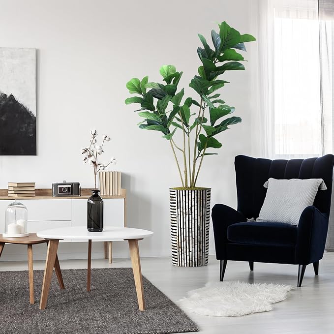 Artificial Tree in Black and Brown Striped Planter, Fake Ficus Lyrata Silk Tree for Indoor and Outdoor Home Decoration - 66" Overall Tall (Plant Pot Plus Tree)
