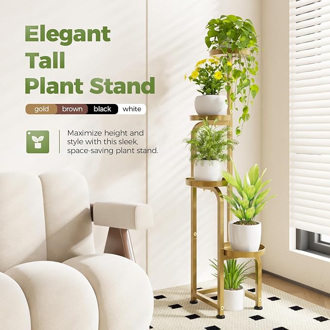 Bamworld Corner Plant Stand Indoor Outdoor, Tall Metal Flower Pot Stands for Multiple Plants, 4 Tier Gold Heavy Duty Plant Shelf for Patio Garden Balcony Living Room Bedroom(Patent Design)