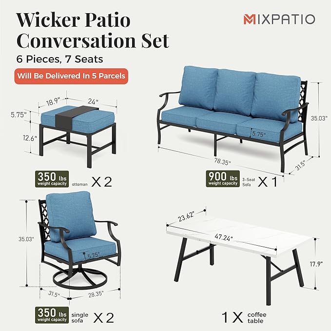 Patio Furniture Set 6 pcs, Outdoor Patio Furniture, 3-Seat Sofa, 2 Swivel Chairs, 2 Ottomans, Coffee Table and 5.75" Extra Thick Cushion, Conversation Set for Backyard Deck, Navy Blue