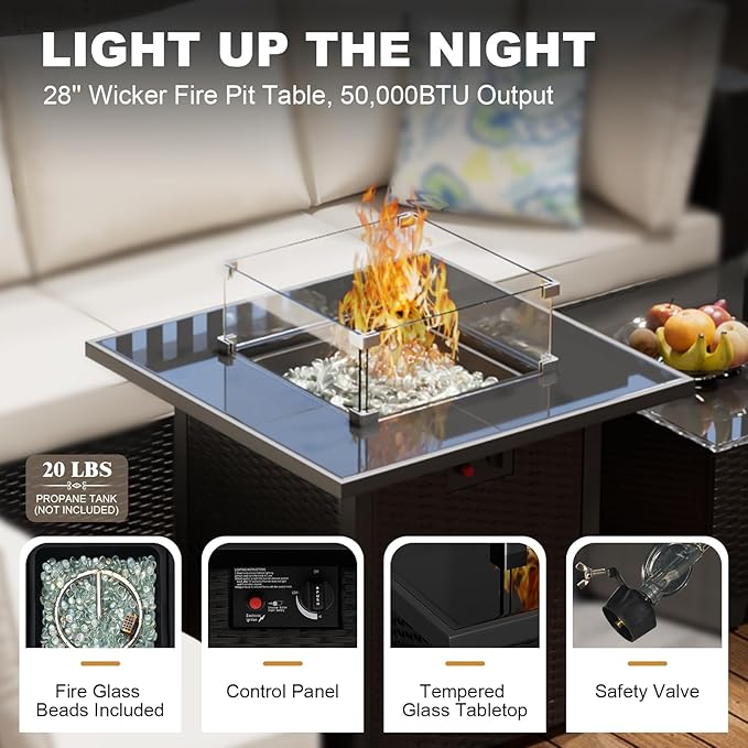 Patio Furniture Set with Fire Pit Table 28", 8-Piece Outdoor Furniture Conversation Set with Cushions，Wicker Sectional Sofa for Porch Garden Backyard, Coffee/Beige