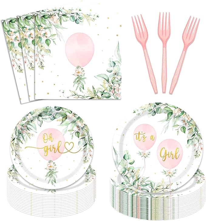 96Pcs Oh Girl Watercolor Pink Balloon Party Supplies Greenery Girls Baby Shower Party Plates Napkins Tableware Botanical Eucalyptus Baby Shower Party Favor