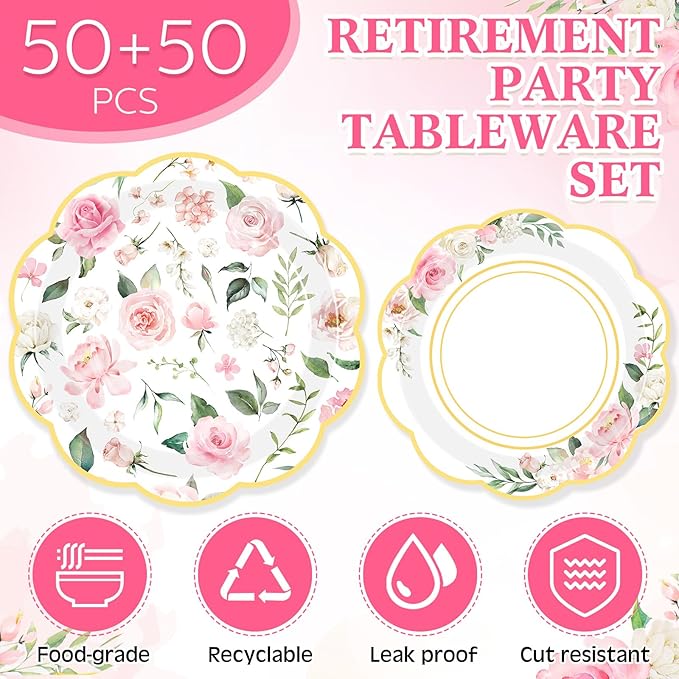 Mumufy 100 Pack Pink Floral Paper Plates 9" & 7" Disposable Wildflower Dessert Plates Floral Party Decoration Dinner Tableware for Wedding Birthday Baby Shower Bridal Garden Tea Party Supplies