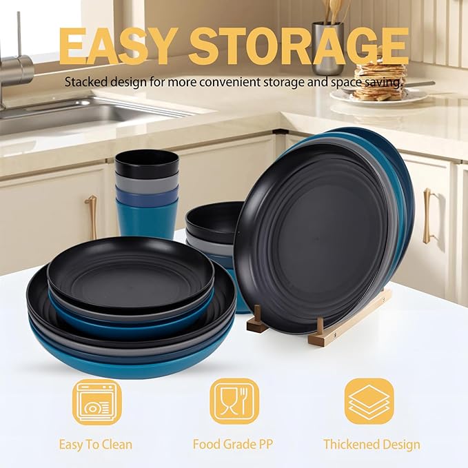 Rubtlamp 16Pcs Plastic Wheat Straw Dinnerware Set, Reusable Plastic Dishes Set for 4, Kitchen Plates And Bowls Set (Deep Four Colors) Include Dinner Plates, Dessert Plates, Cereal Bowls, Cups