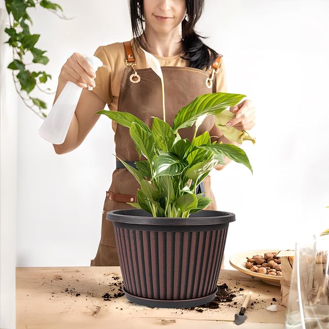 Planter-Pots-for-Plants-Indoor-Outdoor, 3 Pack 10 Inch Plastic Flower Pots with Saucer & Drainage Holes, Modern Garden Planters for Planting Medium Large Plants，Decorative Resin Garden Pots