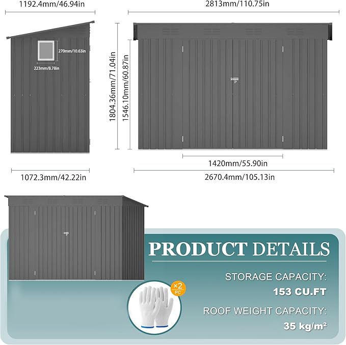 4 * 9.2 * 6 FT Outdoor Storage Shed, Galvanized Steel Garden Shed with Lockable Door & Window, Waterproof Metal Tool Storage for Garden, Backyard, Patio, Lawn(Gray)
