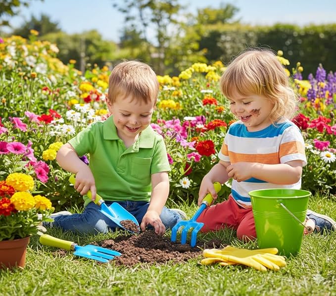 JustForKids 2 Pack Garden Tool Set – Green & Blue Metal Pails with Mini Shovel, Rake & Cultivator, Wooden Handles – Outdoor Gardening Tools for Kids