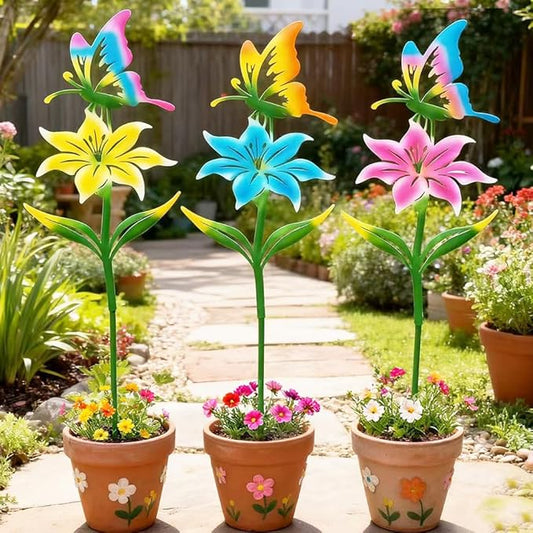 Metal Flowers for Outside, 30.3-22.4" 3-Pack Metal Colorful Butterfly & Flower Decorative Garden Stakes for Spring Garden Decor, Yard Art Decorations for Patio Lawn Ornaments