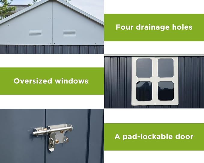 VanAcc 8x6x7.5 FT Shed 4-pane Window Nordic Cottage Storage Shed Outdoor Metal Garden House Double Hinged Lockable Doors for Backyard Garden Patio Lawn Dark Grey/White