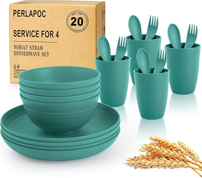 Wheat Straw Dinnerware Sets for 4, Unbreakable & Lightweight Plates and Bowls Sets, Travel Camping Cutlery Set, Dishwasher Microwave Safe 20-Piece Dinnerware - Dark Green