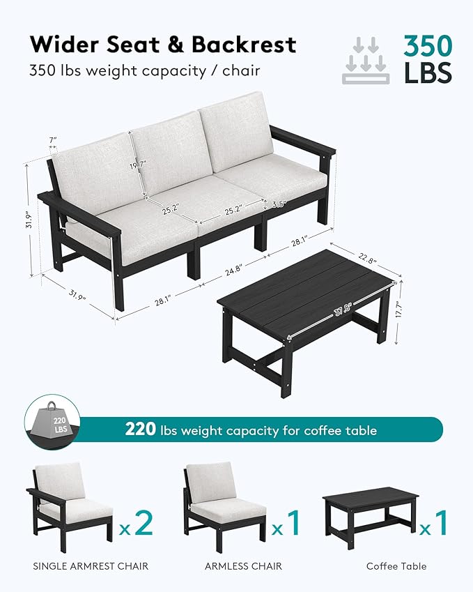 SERWALL HDPE Patio Sofa Set, 4-Piece Sectional Outdoor Furniture Set, All Weather Outdoor Couch Set Patio Furniture Set for Deck, Lawn, Black Frame with Khaki Cushion