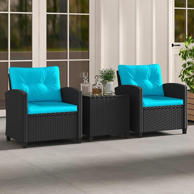 HAPPYGRILL 3 Pieces Wicker Patio Conversation Set, PE Rattan Bistro Sofa Set with Tempered Glass Coffee Table, Washable Cushions, Outdoor Furniture Set for Garden Poolside Balcony (Turquoise)