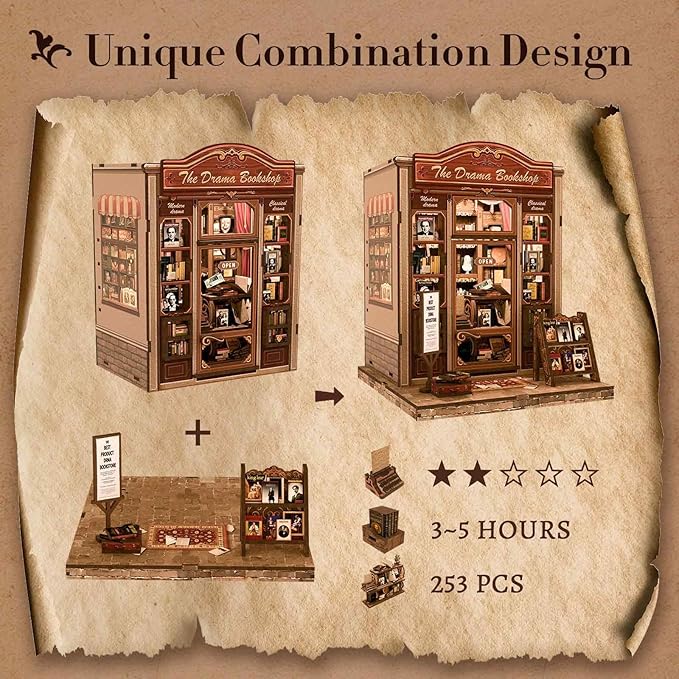Fsolis Book Nook Kit, DIY Miniature Scene Kit for Adults and Beginners 3D Wood Puzzles Tiny House Room Kit Mini Craft Bookshelf Decor Gifts for Women Teenagers Book Lovers (The Drama Bookshop)