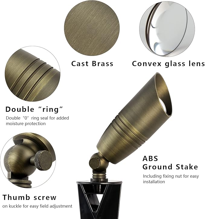 Solid Brass Landscape Spotlight 12V Low Voltage Waterproof Outdoor Lights 6 Packs with Ground Spike for Yard Garden Patio Walkway Driveway Porch