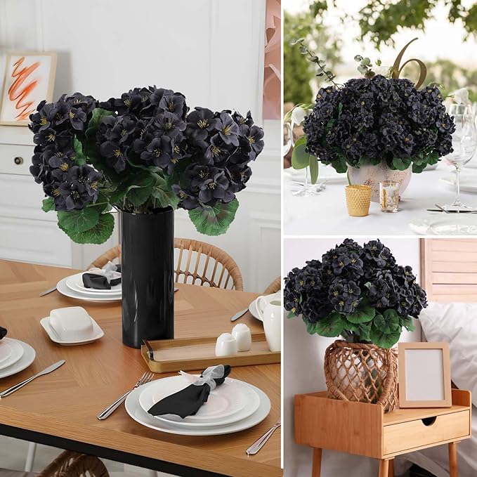 Hananona 6 Bundles Artificial Geranium Flowers for Outdoors Black Silk Geranium Flowers Outdoor UV Resistant Plants Faux Black Flower for Home Kitchen Halloween Table Centerpieces Decor (6, Black)