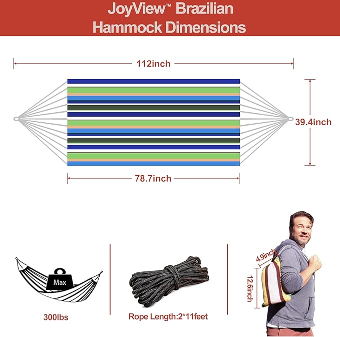 JoyView Brazilian Hammock for Single Person - Portable Cotton Hammock with Hanging Ropes & Carry Bag - 78.8x39.4' - 300LBS Capacity - Perfect for Outdoor/Indoor - Blue & Green Stripes