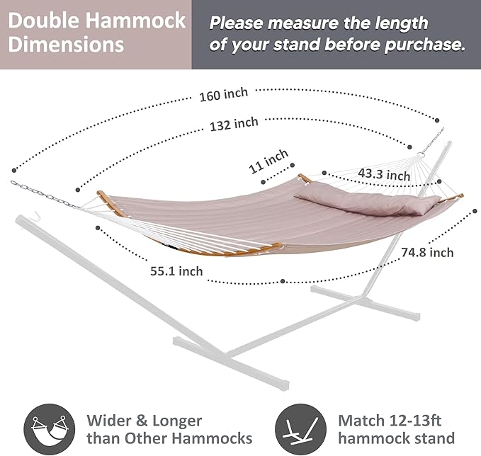 SUNCREAT 13.8 FT Hammocks Quilted Fabric Double Hammock with Detachable Curved Bamboo Spreader Bar and Soft Pillow, Max 450 lbs Capacity, Tan