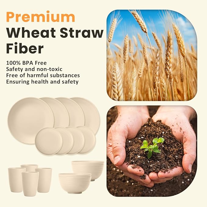 Homienly Premium Wheat Straw Dinnerware Sets, Lightweight & Unbreakable Plates and Bowls Sets,Cups,Service for 4,Dishwasher and Microwave Safe 16 PCS Dish Sets for Home，Camping- Beige