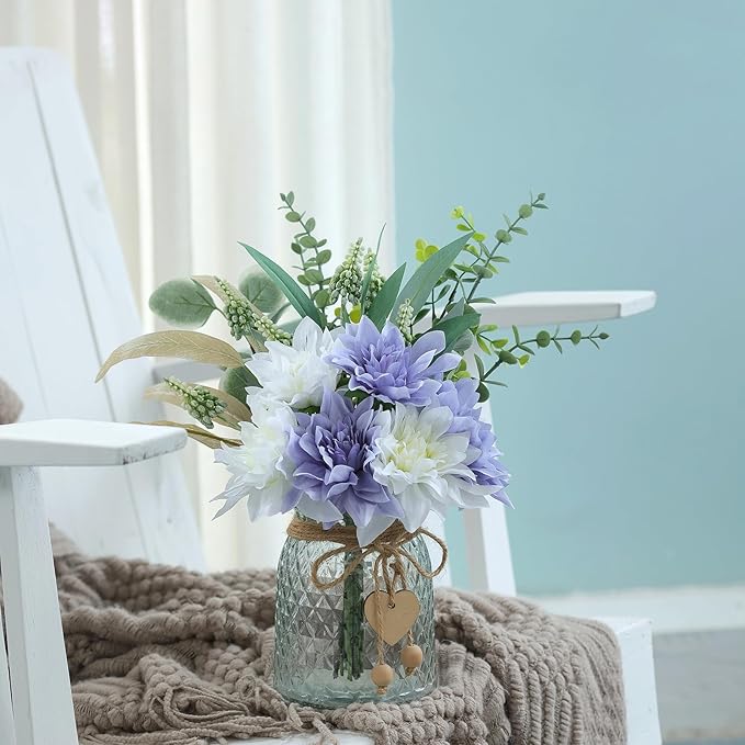 Faux Flowers with Vase,Artificial Silk Flowers in Vase, Fake Plant Eucalyptus and Willow,Flower Arrangement for Home Farmhouse kitchen Dining Table Centerpiece Decorations Table Decor (Dusty Purple)