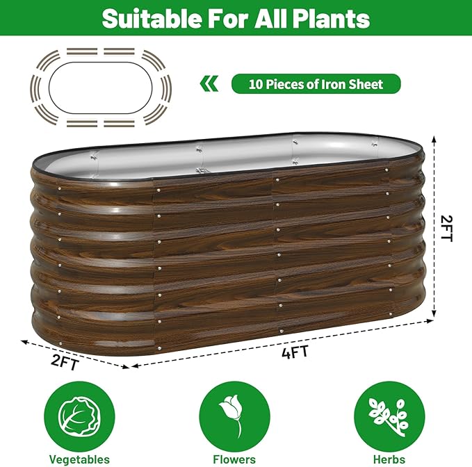 SnugNiture Galvanized Steel Raised Garden Bed, 4x2x2 ft, Outdoor Oval Deep Root Planter Box for Growing Vegetables, Flowers and Fruits