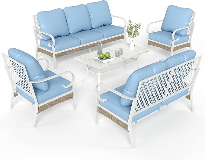 5 Piece Patio Furniture Set, 2 x Fixed Chair, 1 x 2-Seat Sofa, 1 x 3-Seat Sofa with Marbling Coffee Table, All Cushioned 7 Seats Outdoor Conversation Set for Lawn Garden Backyard, Blue