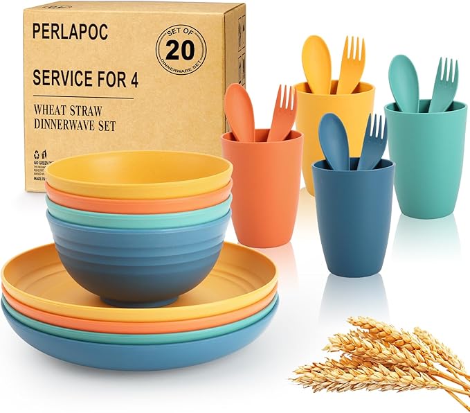 Wheat Straw Dinnerware Sets, 20 PCS Service for 4, Dishwasher & Microwave Safe Plates and Bowls Sets, Unbreakable Lightweight Outdoor Camping Dishes - Multicolor