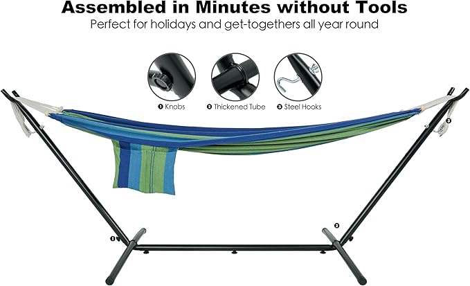 Double Hammock with Stand for Outside, Upgraded Spreader Bar, Heavy Duty Space Saving Steel Stand 2 Person, Side Pockets, Easy Assembly, 600lbs Weight Capacity, Indoor & Outdoor (Green Blue)