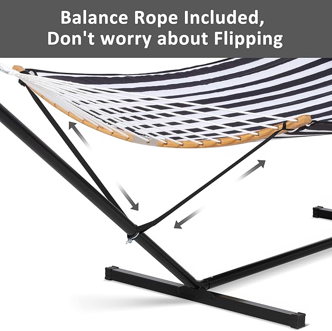 SUNCREAT Hammocks Extra Large Hammock with Stand Included, Double Hammock with Curved Spreader Bar, Black Stripes