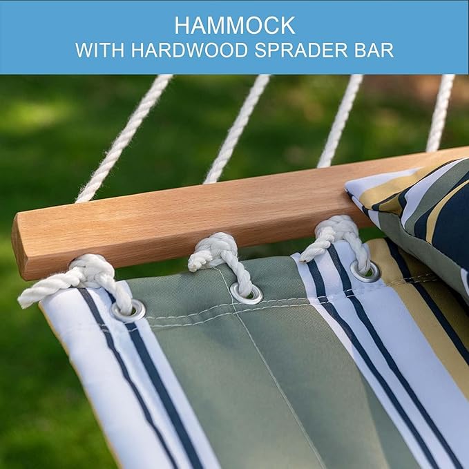 Lazy Daze 12 FT Quilted Fabric Hammock with Spreader Bar, 2-Person Double Hammock for Outside Patio Poolside Backyard Beach, 450 lbs Capacity, Forest