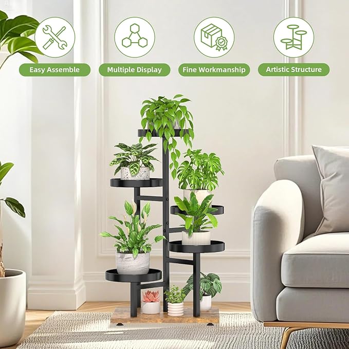 iDavosic.ly 5 Tier Plant Stand Indoor, Tiered Corner Flower Holder Shelf Outdoor, Metal Tall Orchid Display Rack for Patio Porch Garden Balcony Office Bedroom, Black and Brown