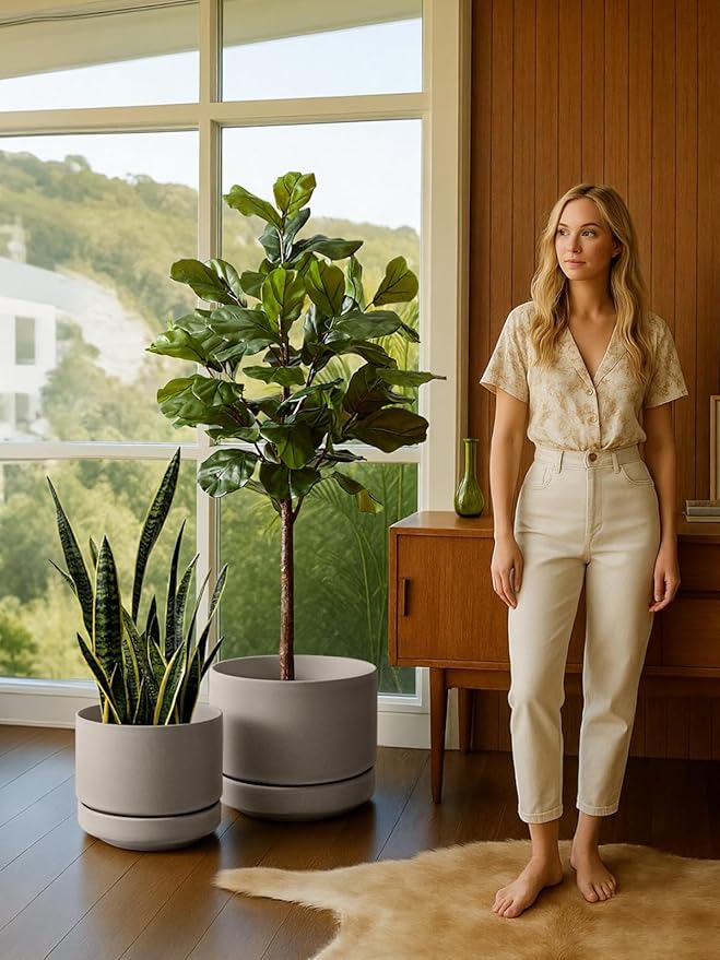 LE TAUCI Large 14 Inch Plant Pot with Saucer | Ceramic Outdoor & Indoor Big Planter Pot | Drainage Hole, Mesh Pad & Plug | Unglazed Porous | Modern Minimalist for Home and Patio – Neutral Gray