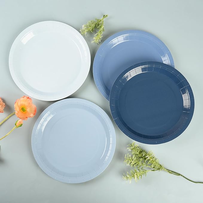 Dusty Blue Paper Plates Gradient Blue Party Plates 7”Disposable Round Dessert Plates for Birthday Wedding Bridal Engagement Baby Shower Party Supplies 4 Colors (48)