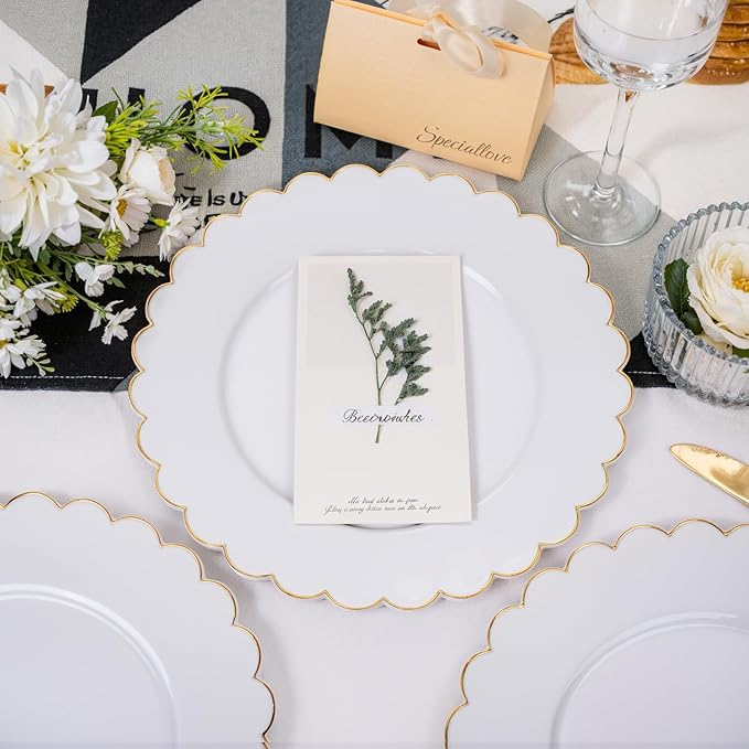 SUT 72 Pcs White Plates Disposable, White Plastic Plates With Gold Trim, 10.25 Inch Gold Dinner Plates, Fancy Plastic Plates, Plates Disposable Heavy Duty for Wedding, Parties, Banquets