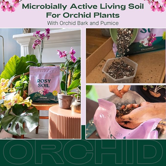 Rosy Soil Orchid Soil Potting Mix - Superior Aeration & Drainage for Orchids - Peat-Free, Microbially Active Biochar Powered Soil for Orchid Plants - Ideal for Indoor Gardening - 4 Quarts
