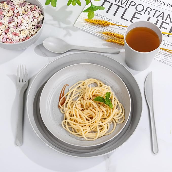 LIYH 48 Pcs Light Grey Plastic Wheat Straw Dinnerware Plates and Bowls Set,Camping Dish Set for 12, Dishwasher Safe Dinnerware Sets, Unbreakable Plates,Camping Dish Sets