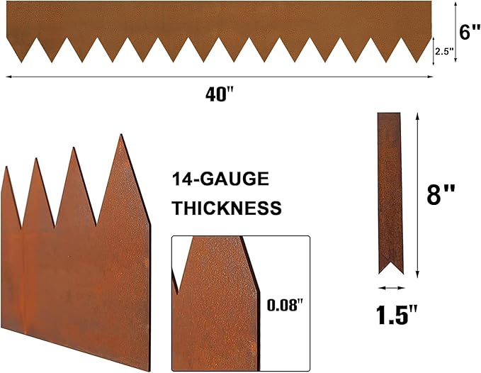 Worth Garden 6-Pack Pre-Rusted Cor-Ten Steel Landscape Edging - 40" L x 6" H Each (20ft Total) - No-Dig Hammer-in Heavy Duty 14-Gauge Metal Edging Border w/ 7 Clips & Gloves - Edge for Lawn Yard